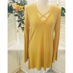 FREE PEOPLE MUSTARD CRISS CROSS TUNIC SWEATER MED
